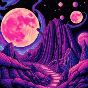 Psychedelic fantasy landscape with purple rocky mountains, glowing pink moons, and a stairway path under a starry night sky.