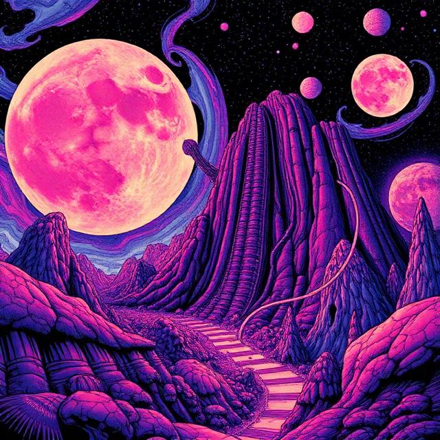 Psychedelic fantasy landscape with purple rocky mountains, glowing pink moons, and a stairway path under a starry night sky.