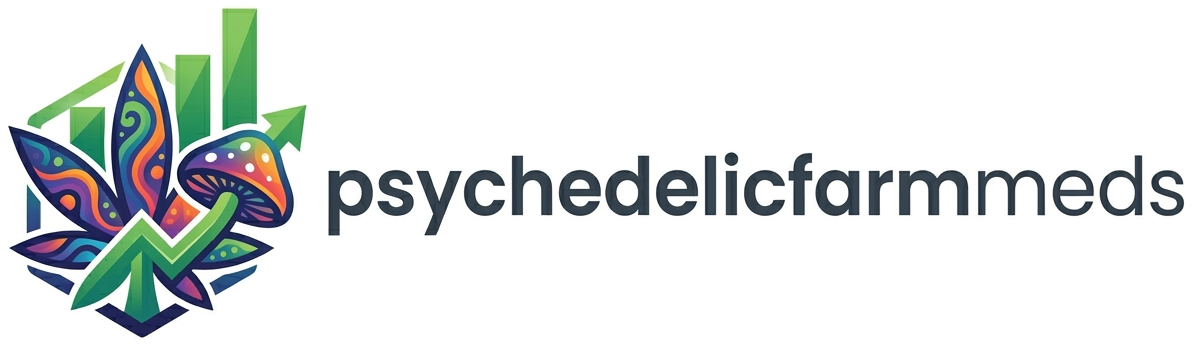 Psychedelic Farm Meds logo with colorful mushroom, cannabis leaf, and green growth chart arrows